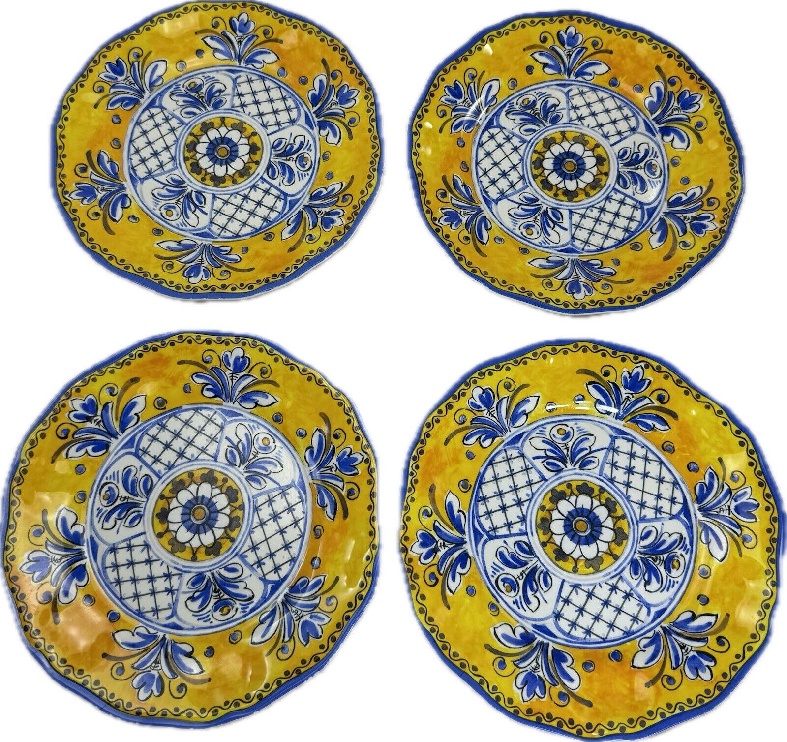 Le CADEAUX BENIDORM 11” Yellow & Blue dinner Plates Lot Of 4 ~ Beautiful
