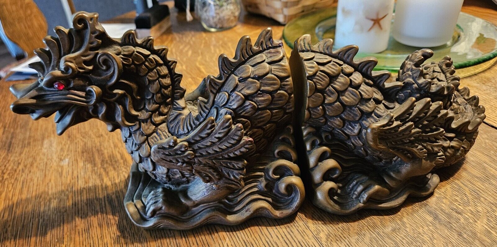 Vintage 1965 Universal Statuary Corp Chicago Dragon Bookends 14” Rare Red Eyes