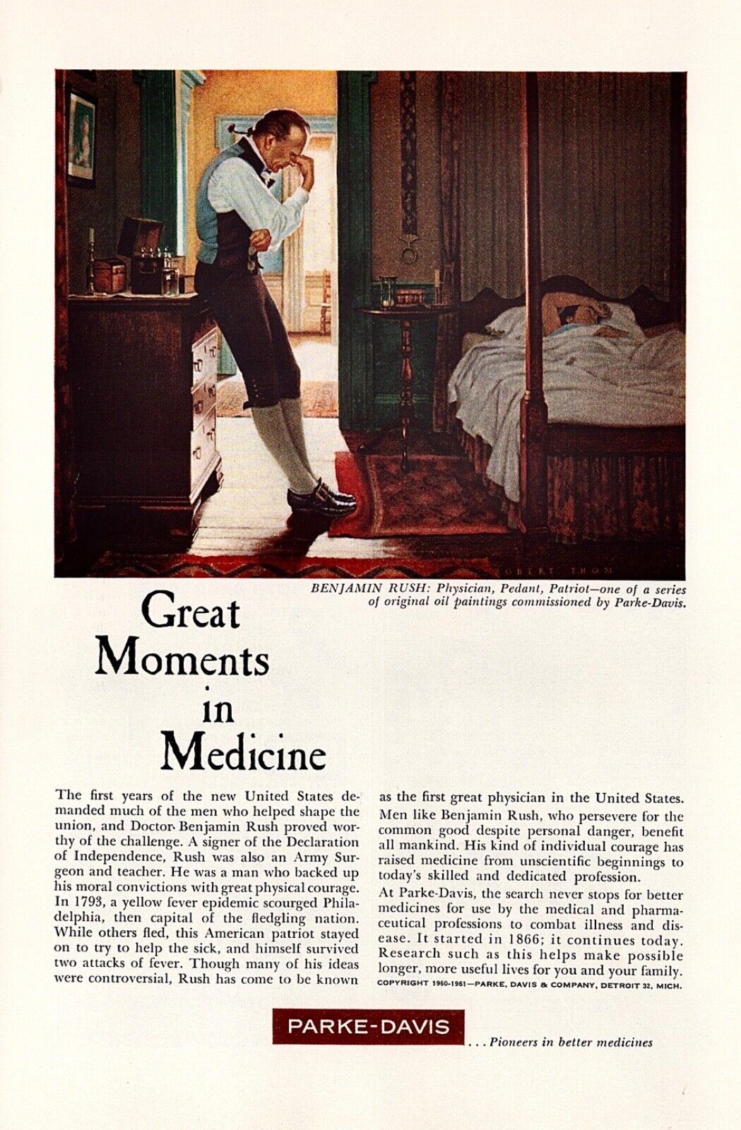 1961 PARKE-DAVIS ~ Great Moments In Medicine Benjamin Rush Art~ VINTAGE PRINT AD
