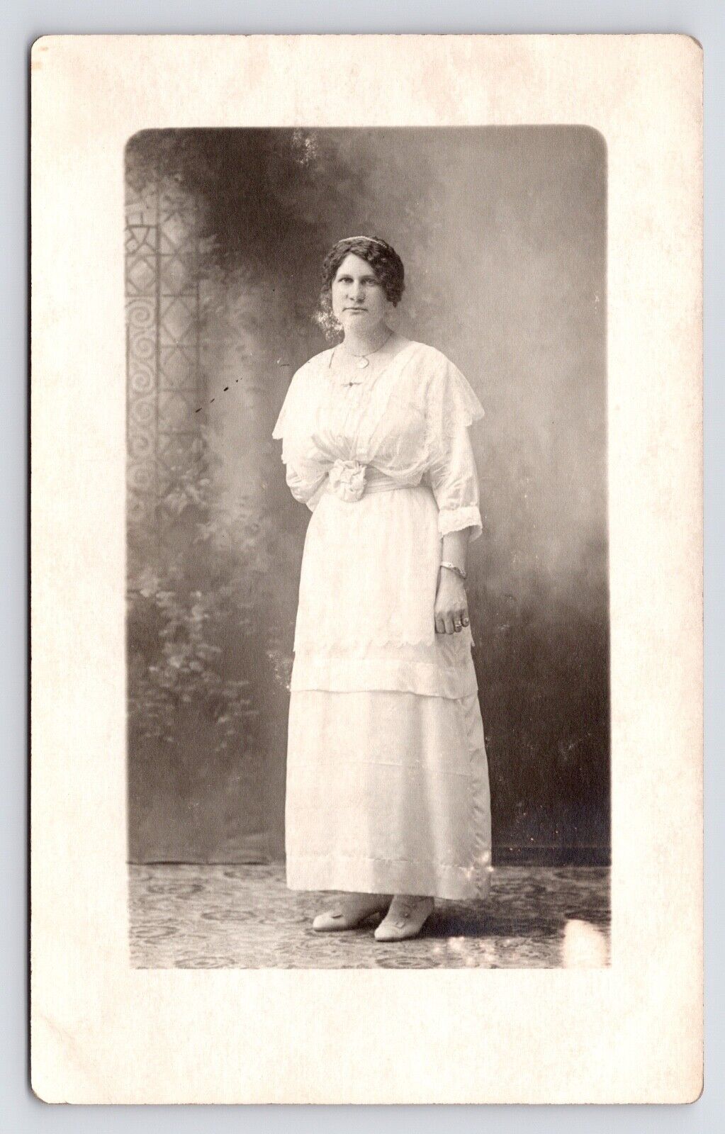 c1910 Lady in White Wedding Gown Studio Photo Edwardian Style RPPC Postcard