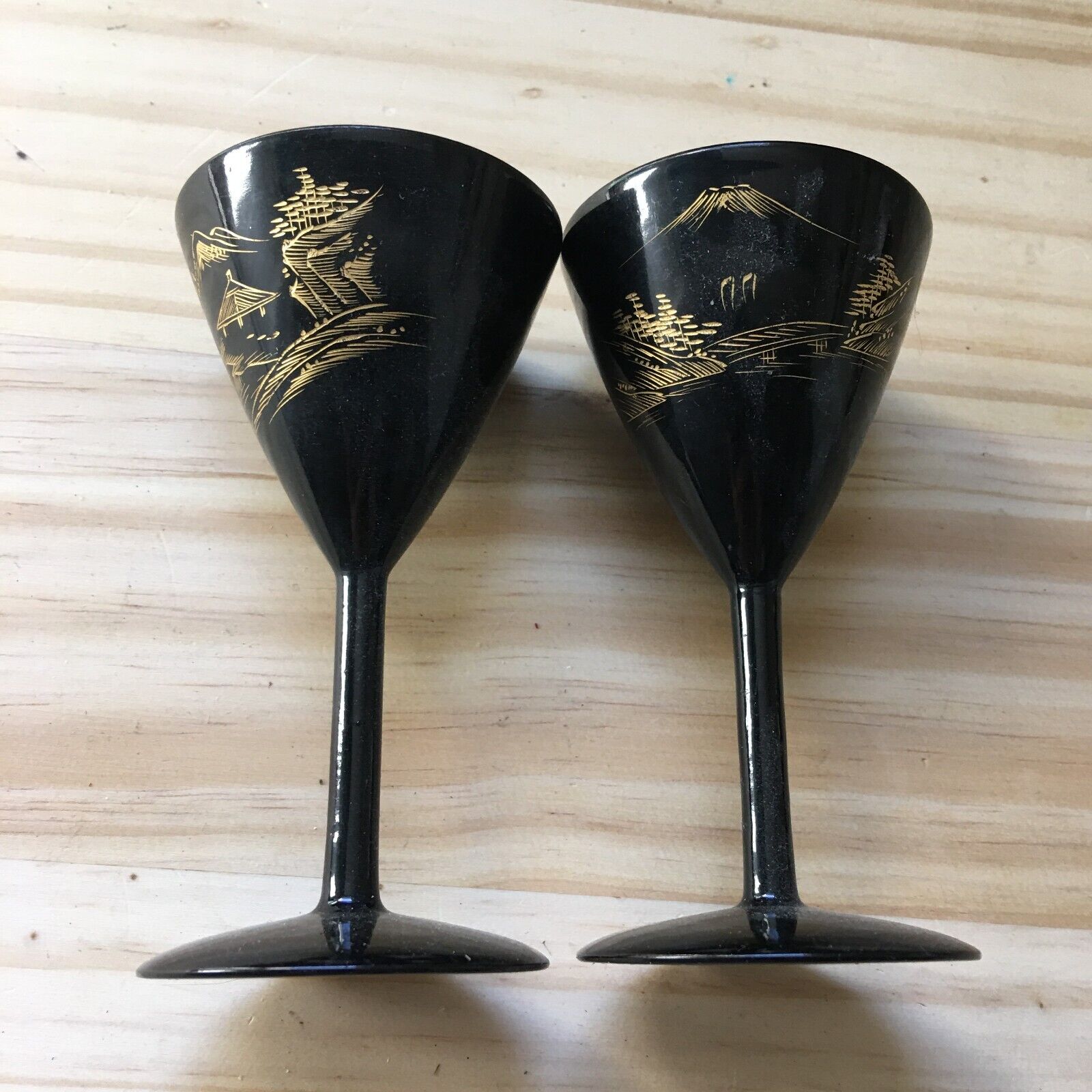 Vintage Pair of Japanese Black & Gold Lacquer Wood Stemmed Sake Glasses Goblet