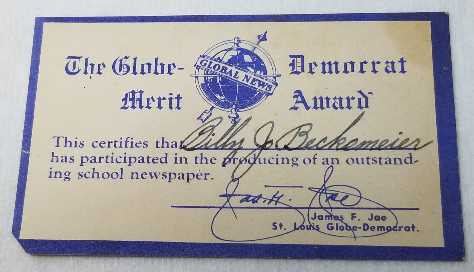 The Globe Democrat Merit Award 1950 School Newspaper Award Card Beckemeier
