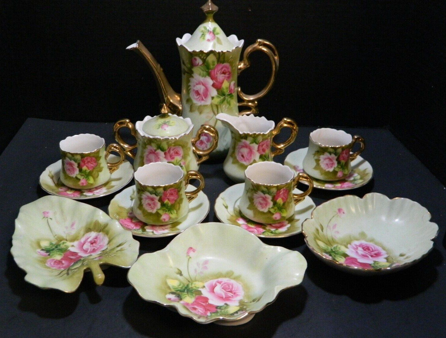 Vintage Beautiful (14) Pcs. Lefton Heritage Green Rose Demitasse Tea Set Excell