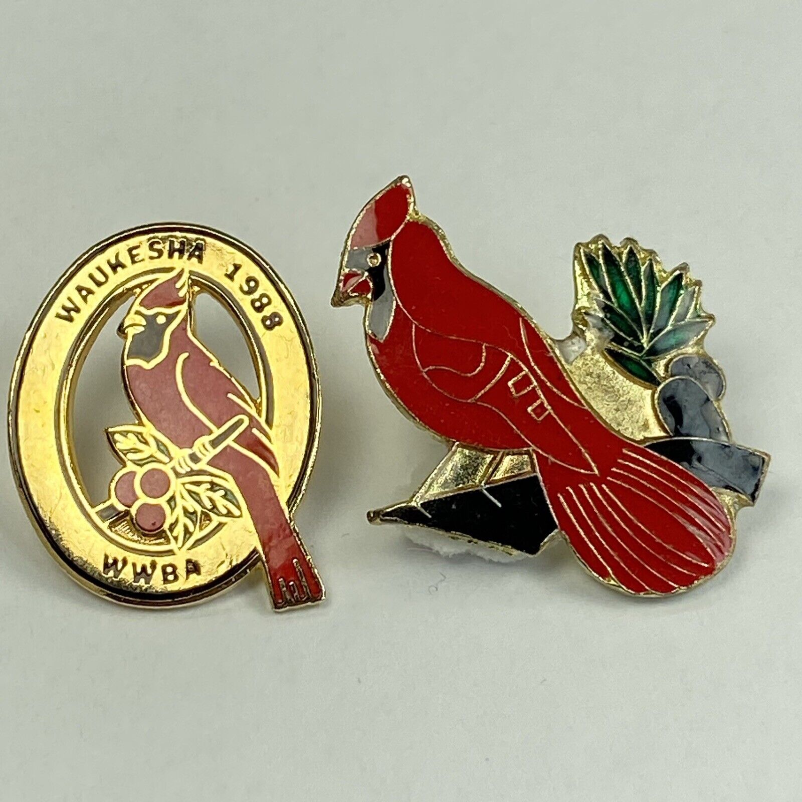Cardinal Red Bird & Waukesha 1988 WI WWBA Hat Pin Lapel Pin Lot of 2