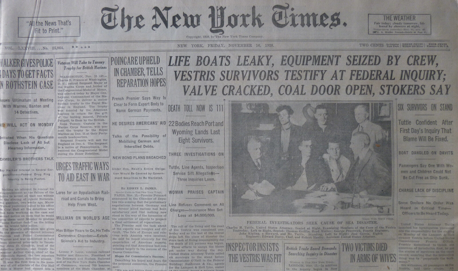 11-1928 November 16 VESTRIS DISASTER FEDERAL INQUIRY LEAKY BOATS WYOMING 