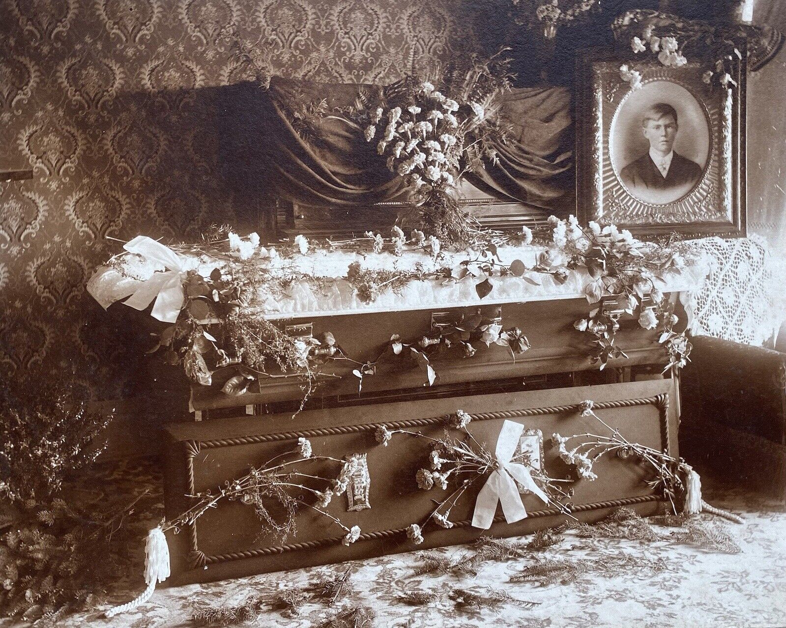 Minnesota 1908 Casket Coffin Funeral for 18 yr old Died Drowning Antique Photo