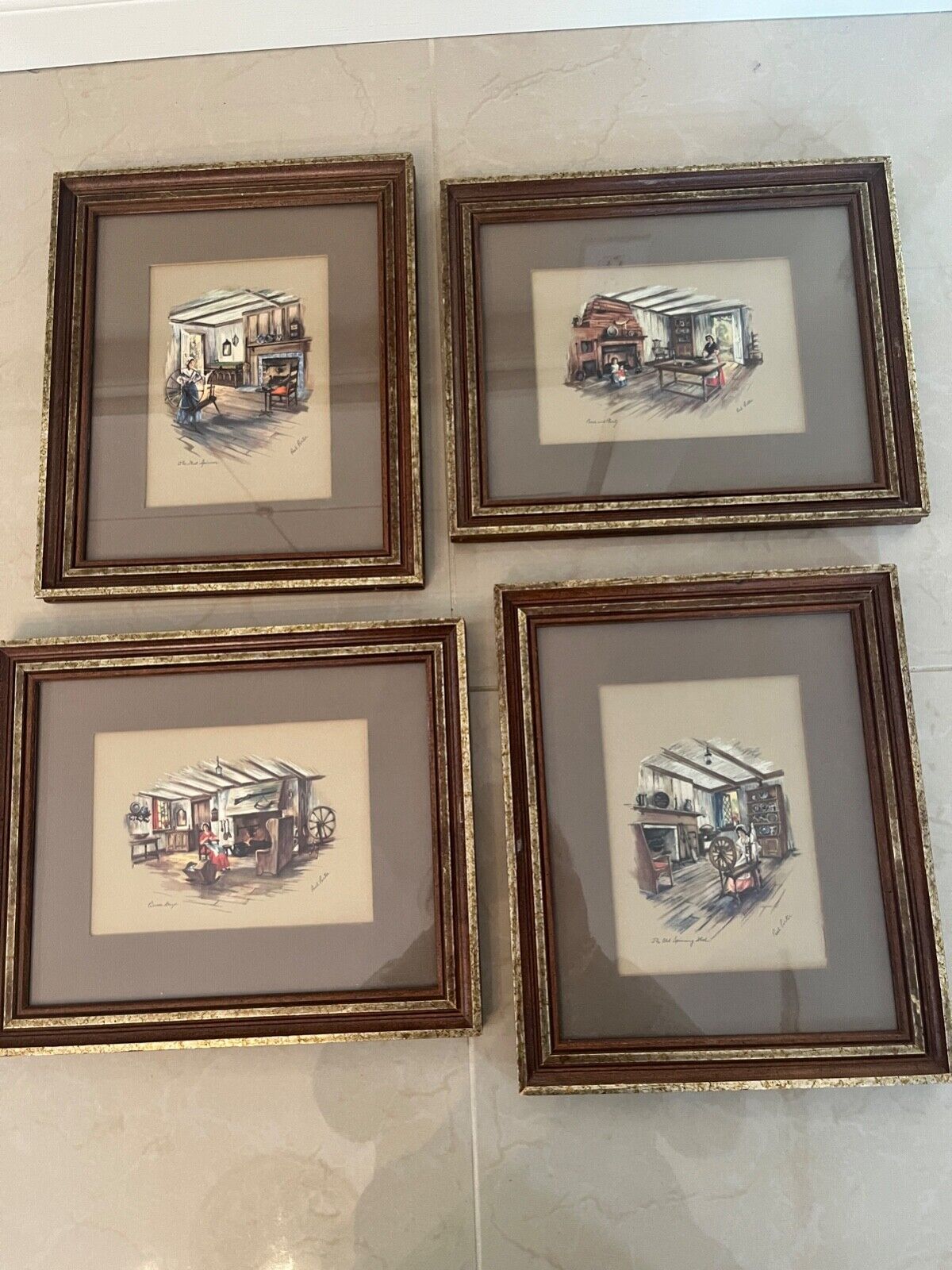 Set Of 4 Paul Porter Small Vintage Print under Glass in Wood Frame & Mat
