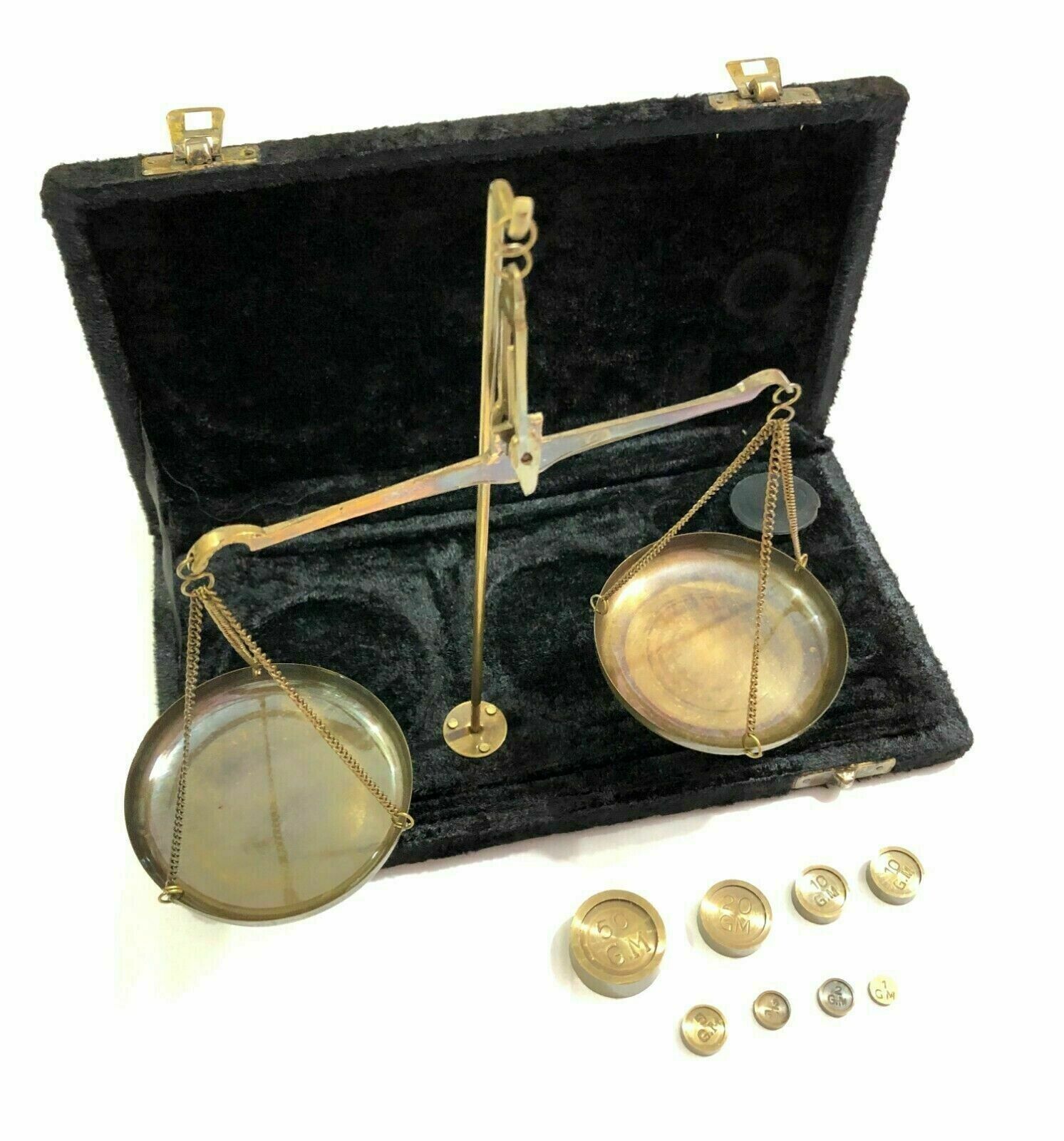 Nautical Brass Jewellery Balance Scale with Velvet Box & Complete Weight Decor