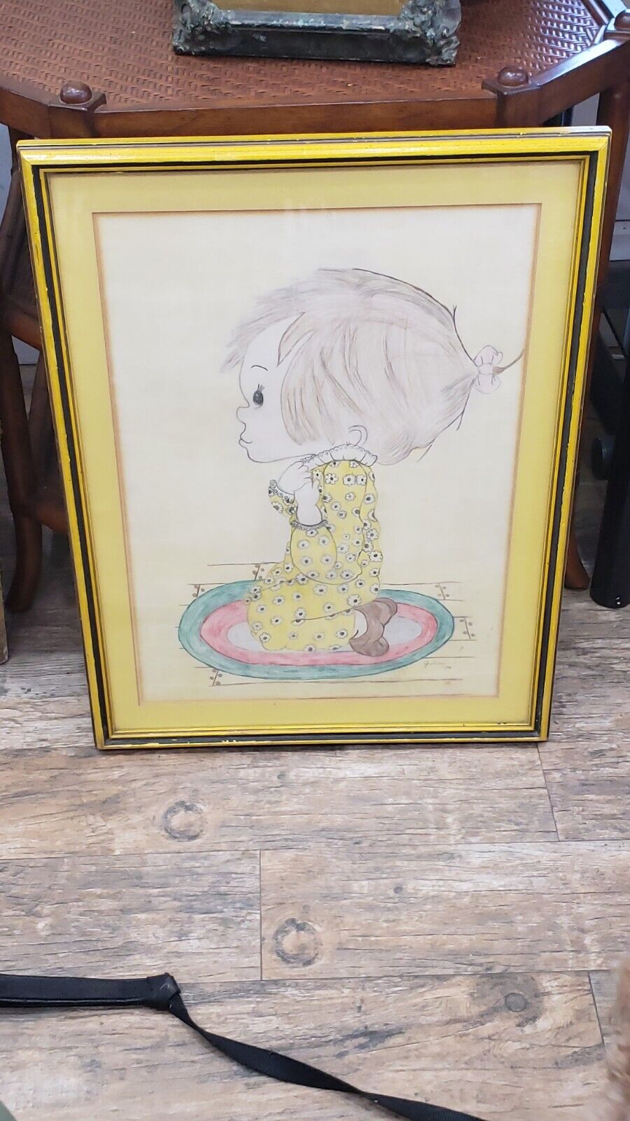 A Girl Praying, pencil/crayon on Paper Framed, signed 1974. A vintage art