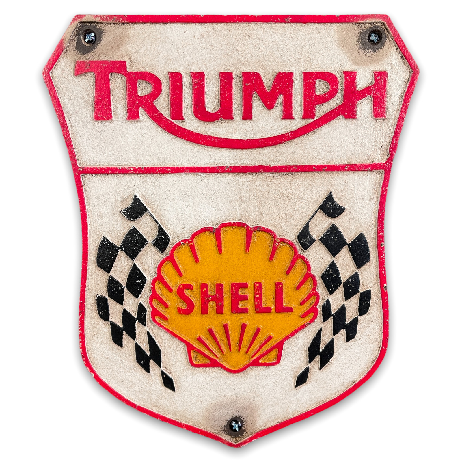 Triumph Shell Antique Finished Cast Iron Plaque Sign, Game Room Man Cave Decor