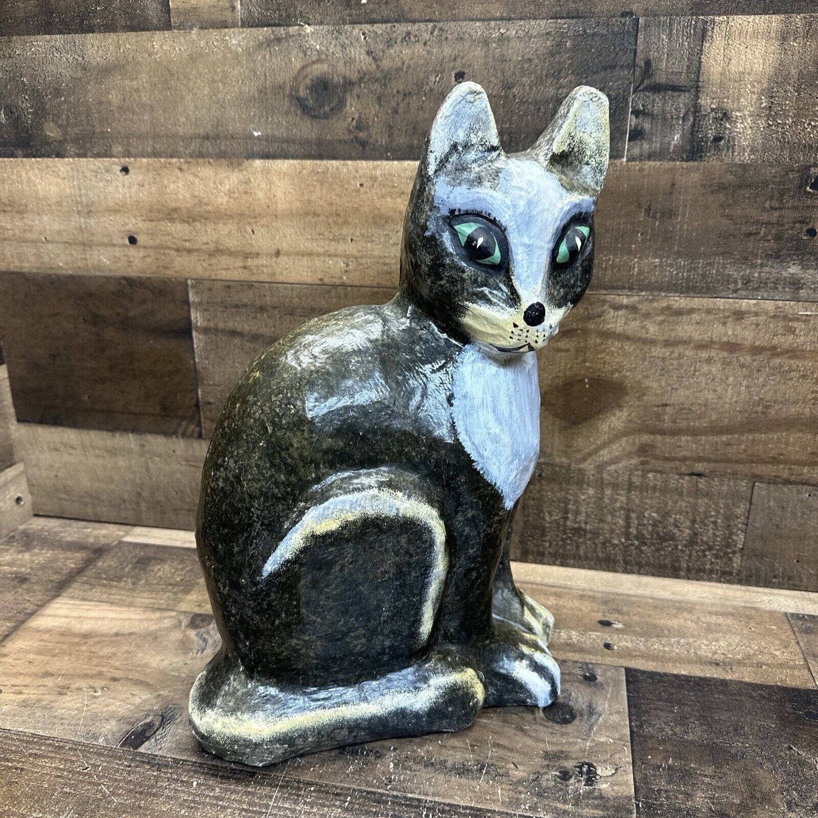 Vintage Paper Mache Tabby Cat Large 14-1/2” Tall Green Eyes