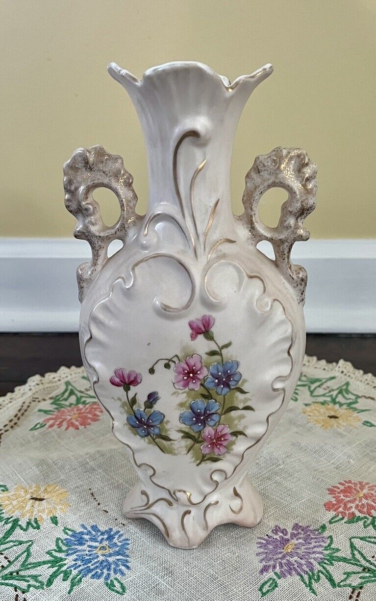 Antique Victoria Carlsbad Porcelain Vase w/ Pink & Blue Flowers & Gold Accents
