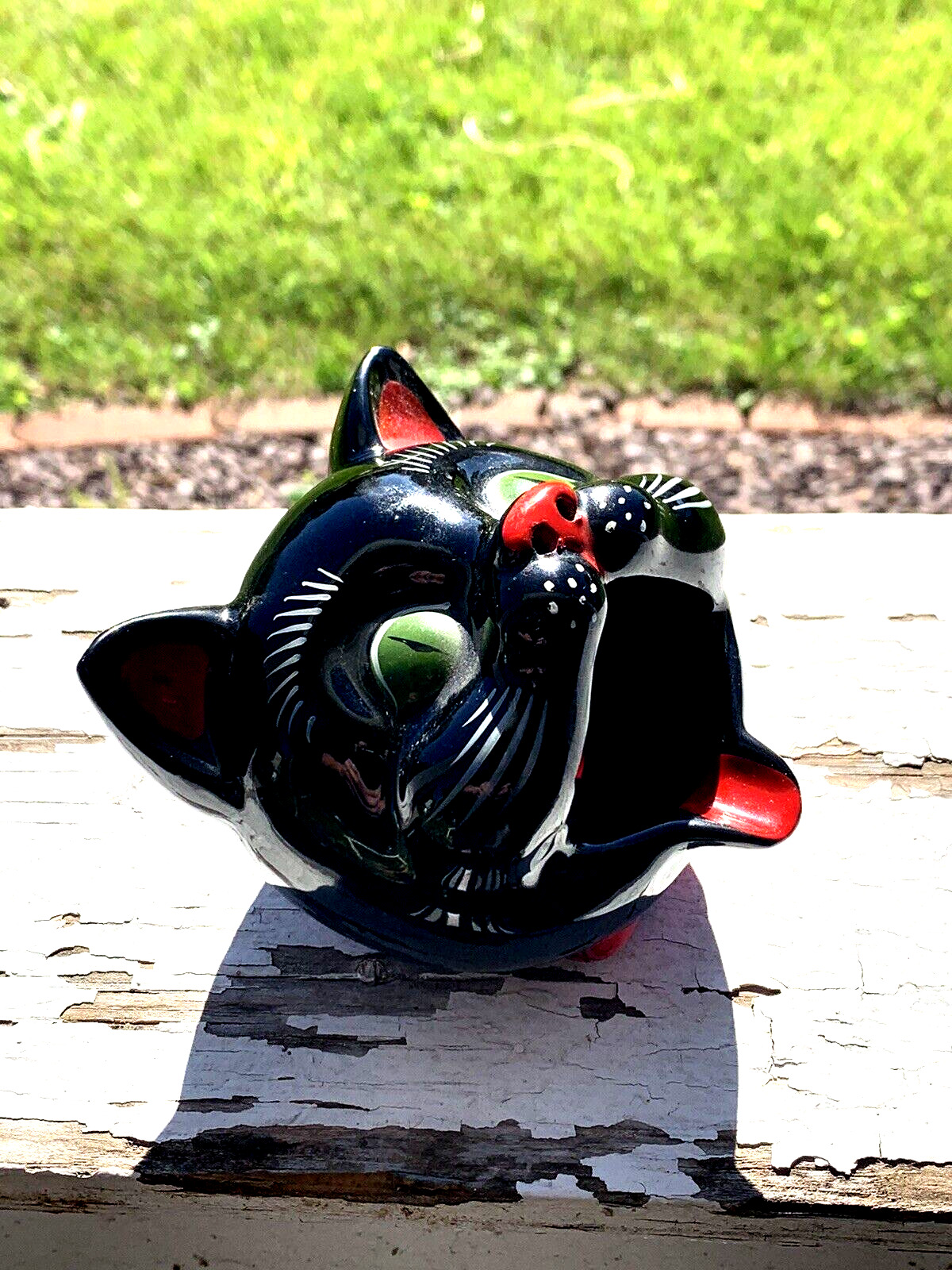 VTG Shafford Redware Black Cat Head Ashtray Incense Green Eyes 1950s Japan (18B)