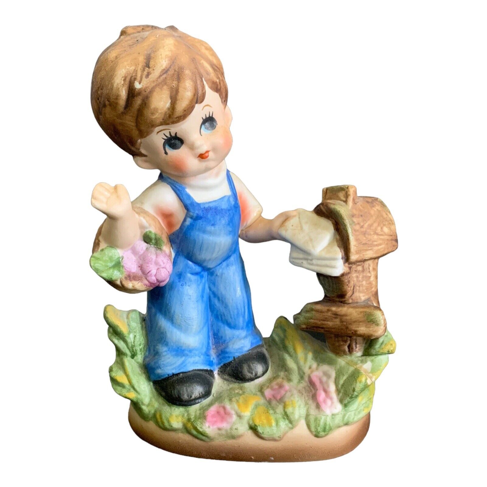 Little Boy At Mailbox Flower Basket Denim Figurine Porcelain Arnart Vtg Japan 5”