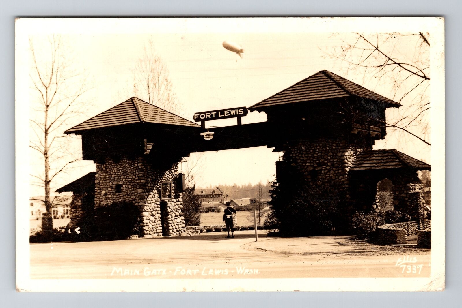 Fort Lewis WA-Washington RPPC, Main Gate Zeppelin Airship Vintage c1942 Postcard