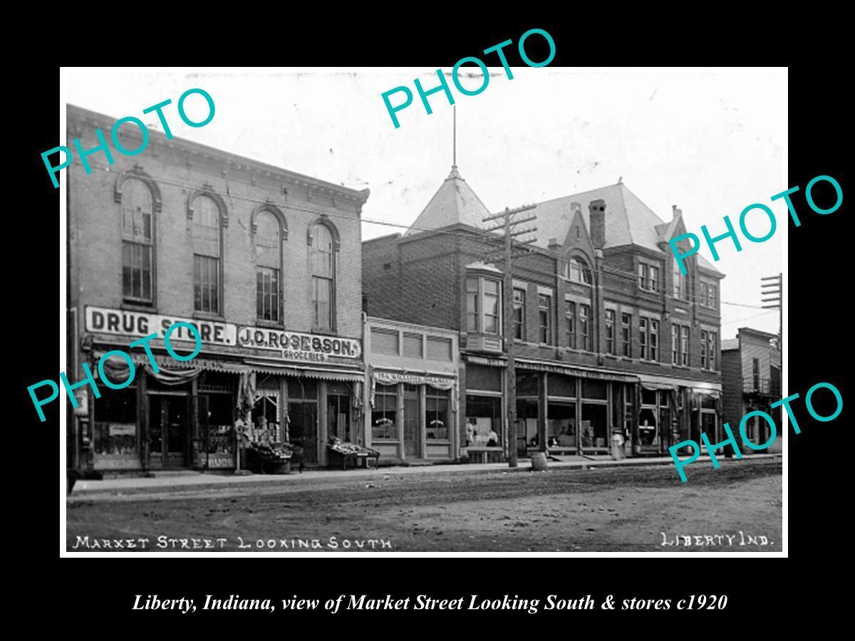 OLD LARGE HISTORIC PHOTO OF LIBERTY INDIANA VIEW OF MARKET St & STORES c1920