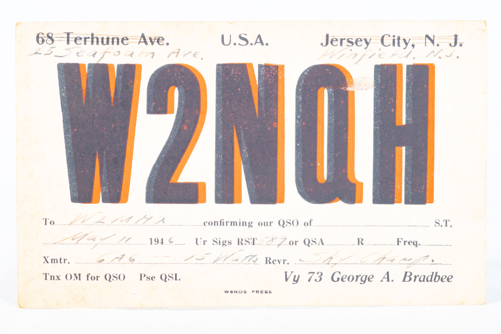 1946 Amateur Ham Radio QSL Card Winfield New Jersey W2NQH George Bradbee