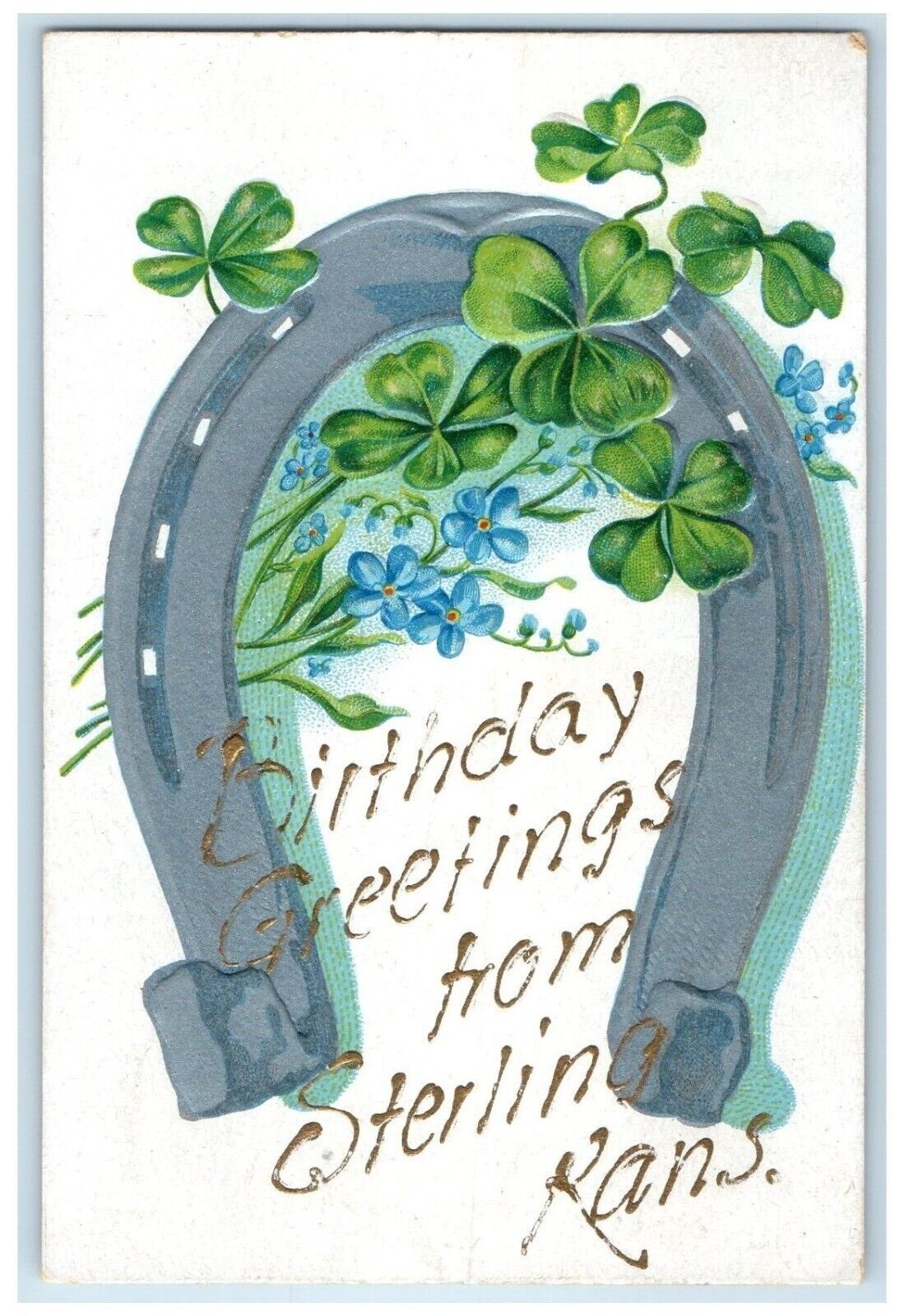 c1910 Birthday Greetings From Embossed Glitter Clover Sterling Kansas Postcard