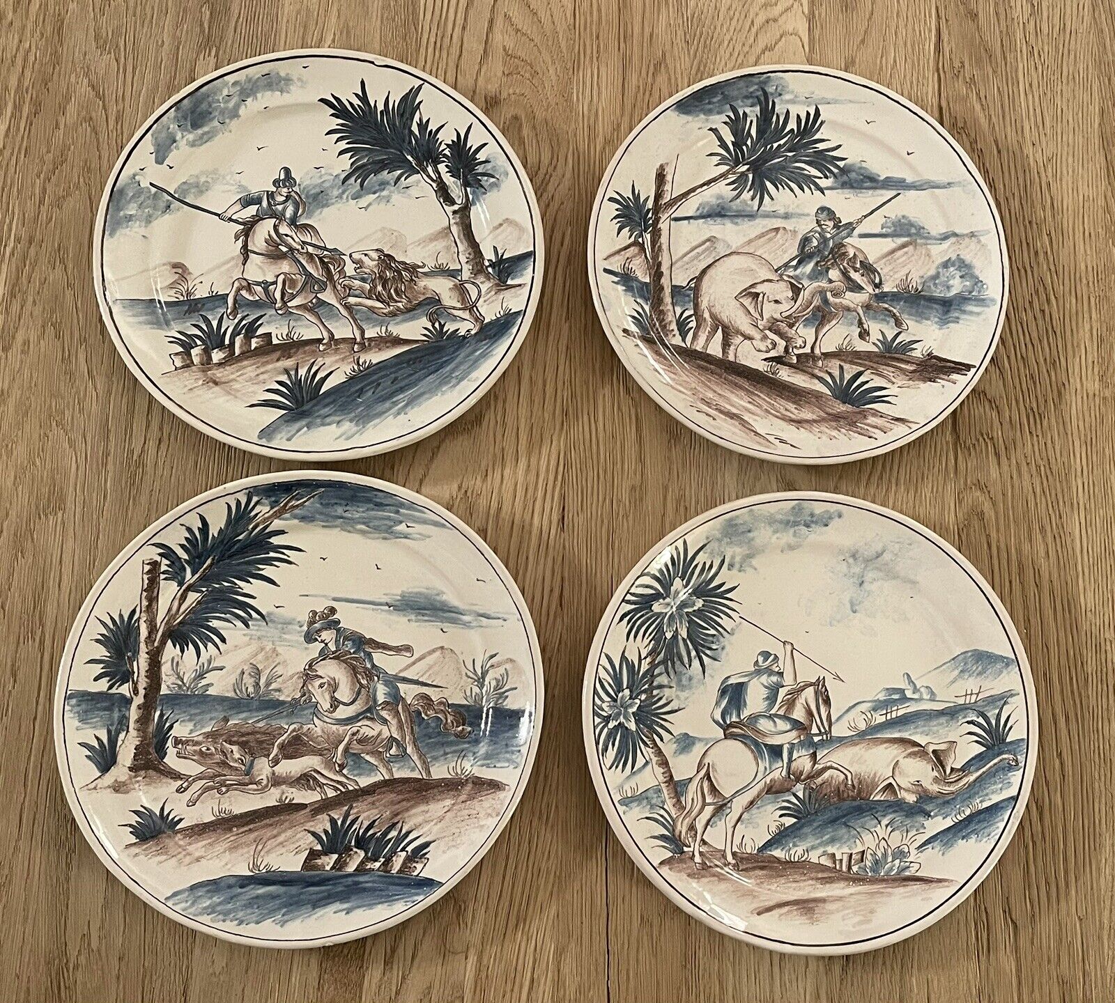 Antique French Faience FOUR Dinner Plates Different Hunting Scenes 9-1/2”