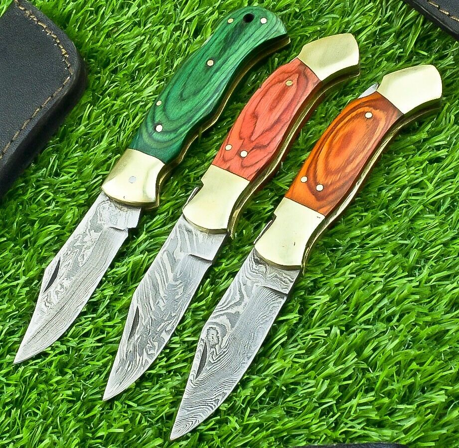 LOT OF 3 PCS HANDMADE Damascus Pocket Folding Knife BACK LOCK W/SHEATH EX-3726