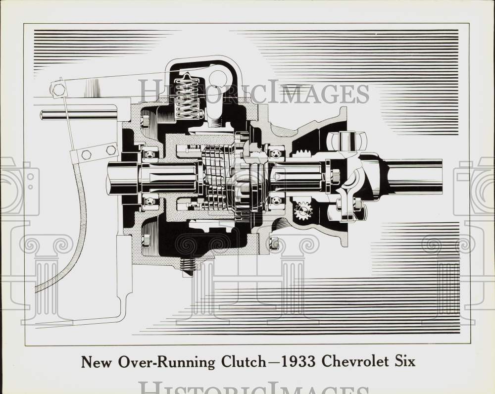 1932 Press Photo Drawing of new over running clutch for the 1933 Chevrolet Six