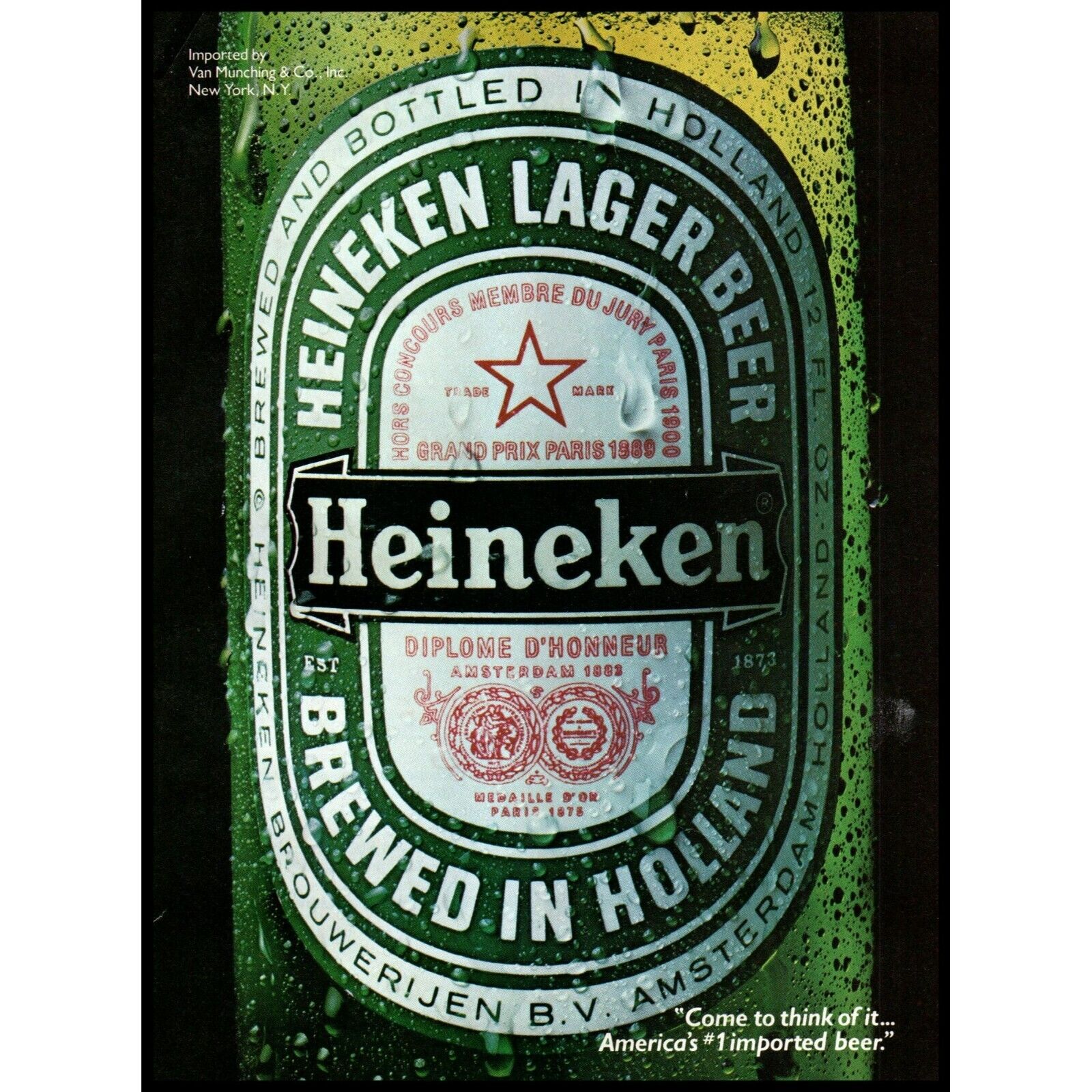 1986 Heineken Lager Beer Vintage Print Ad Label Close Up Green Bottle Wall Art