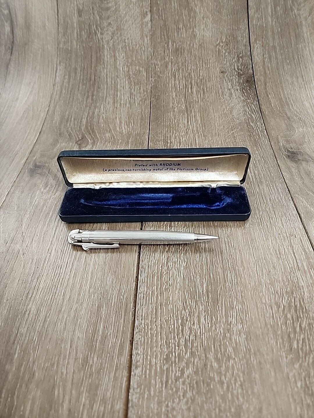Vintage Ronson Penciliter Lighter Pencil Combo Rhodium-Plated Original Blue Case