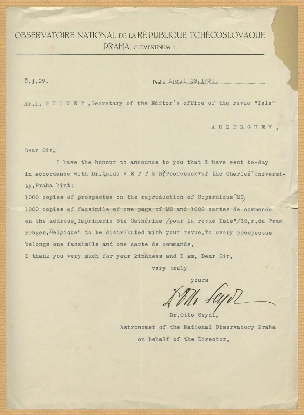 Otto Seydl (1884-1959) - Czech astronomer - Rare signed letter - 1931 - COA