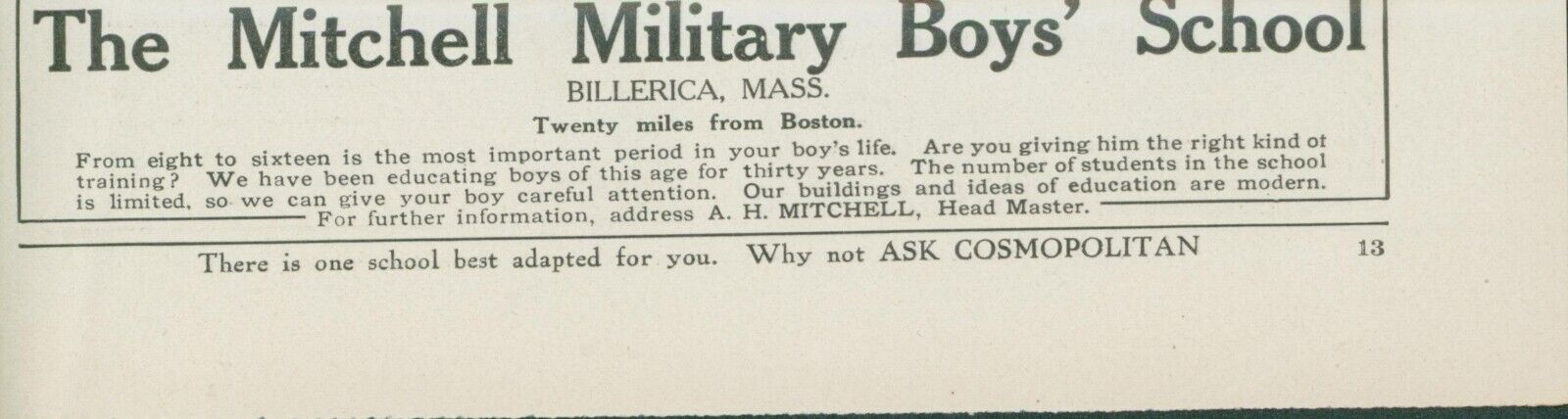 1910 Mitchell Military Boys School Billerica MA Massachusetts Vtg Print Ad CO2