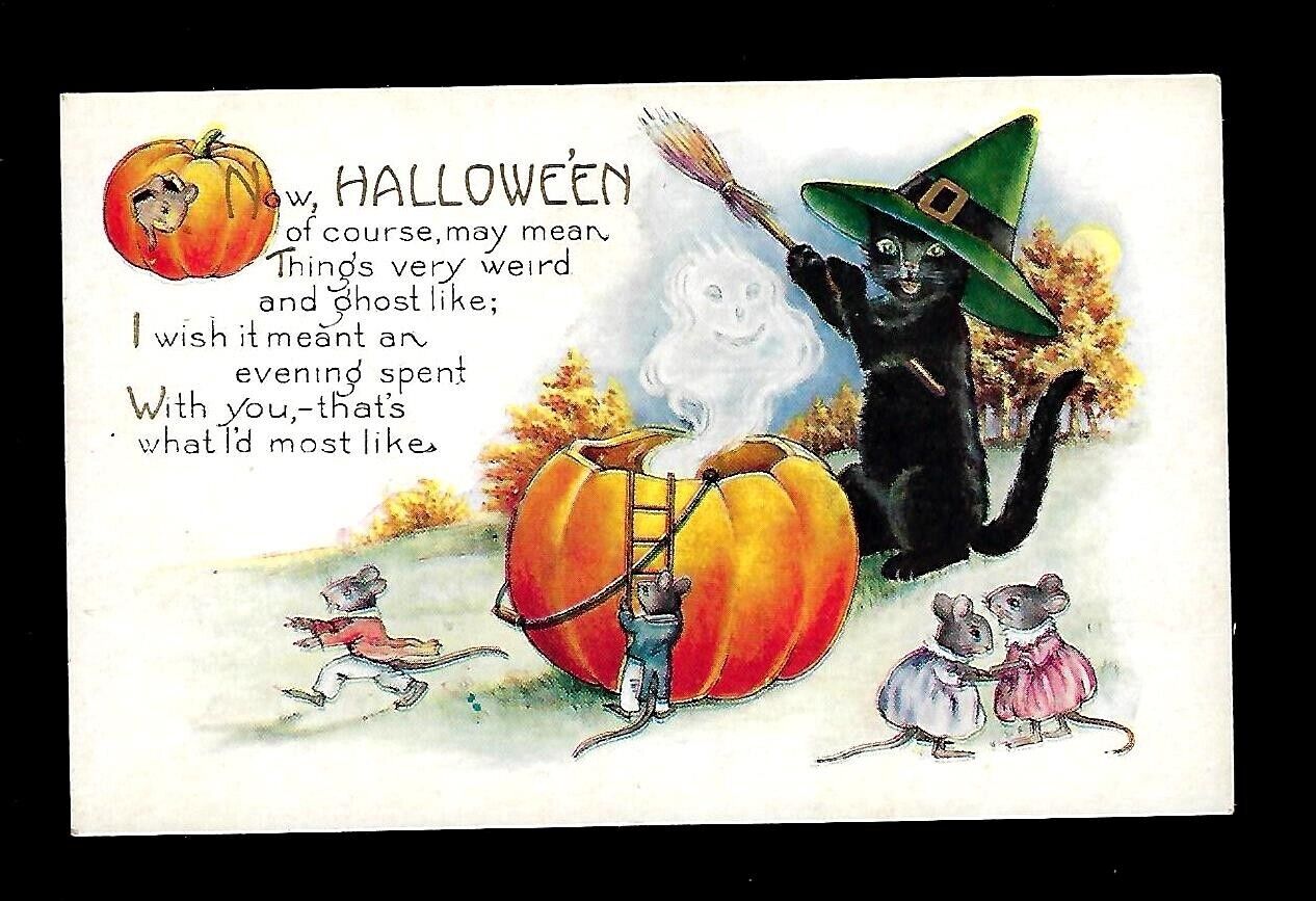 Early 1900\'s Whitney Made Halloween Postcard Black Cat Green Hat, Mice & JOL