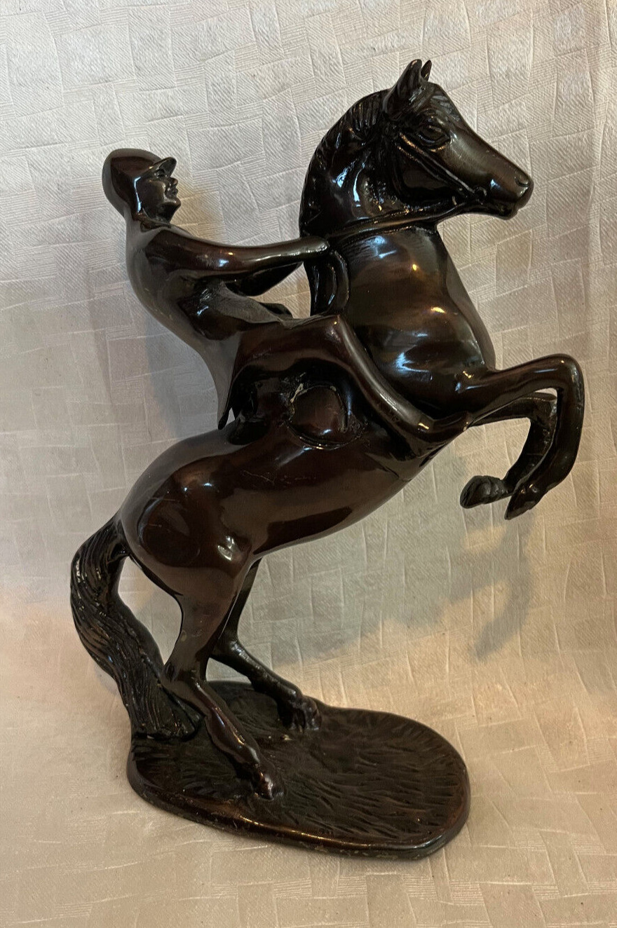 Bronze Rearing Horse Rider Jockey On Horse Bronze Plated Resin Sculpture Diecast