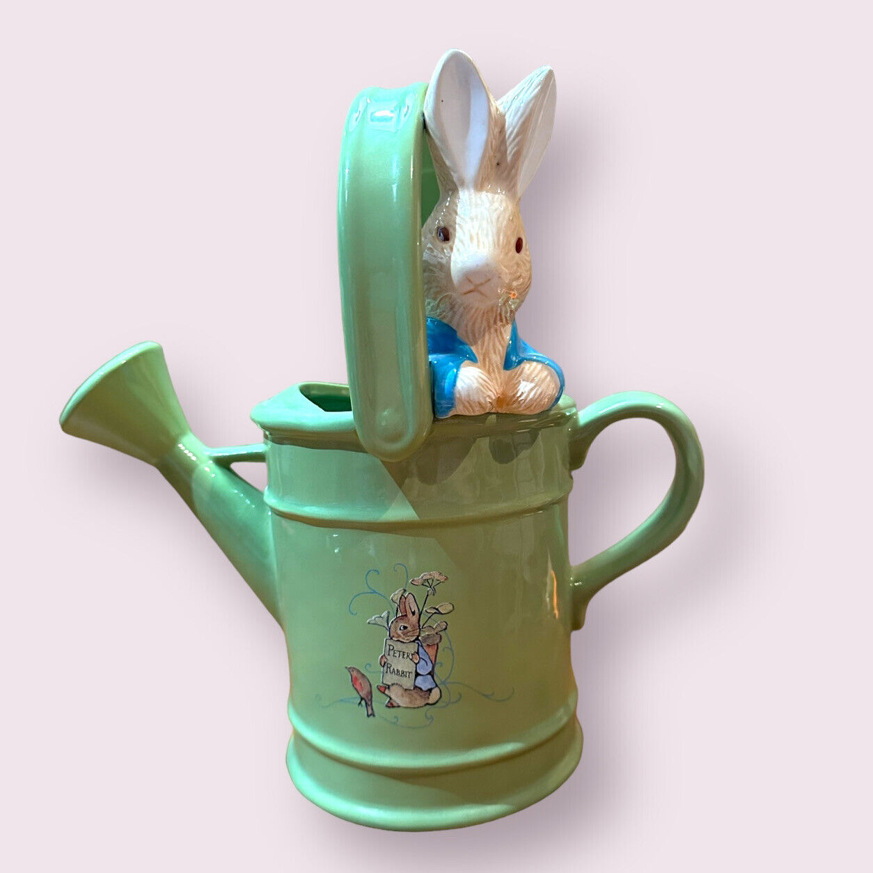 Vtg 1999 Peter Rabbit Watering Can Vase Ceramic Planter Teleflora Spring Green