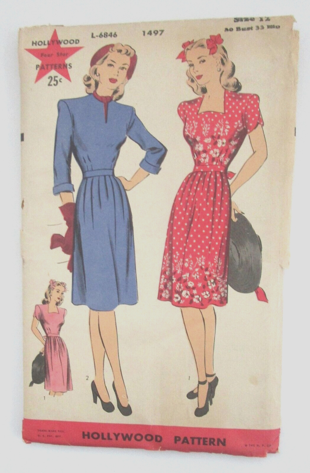 Vintage 1940s Hollywood Pattern #1497 Women's Dress Size 12 Bust 33