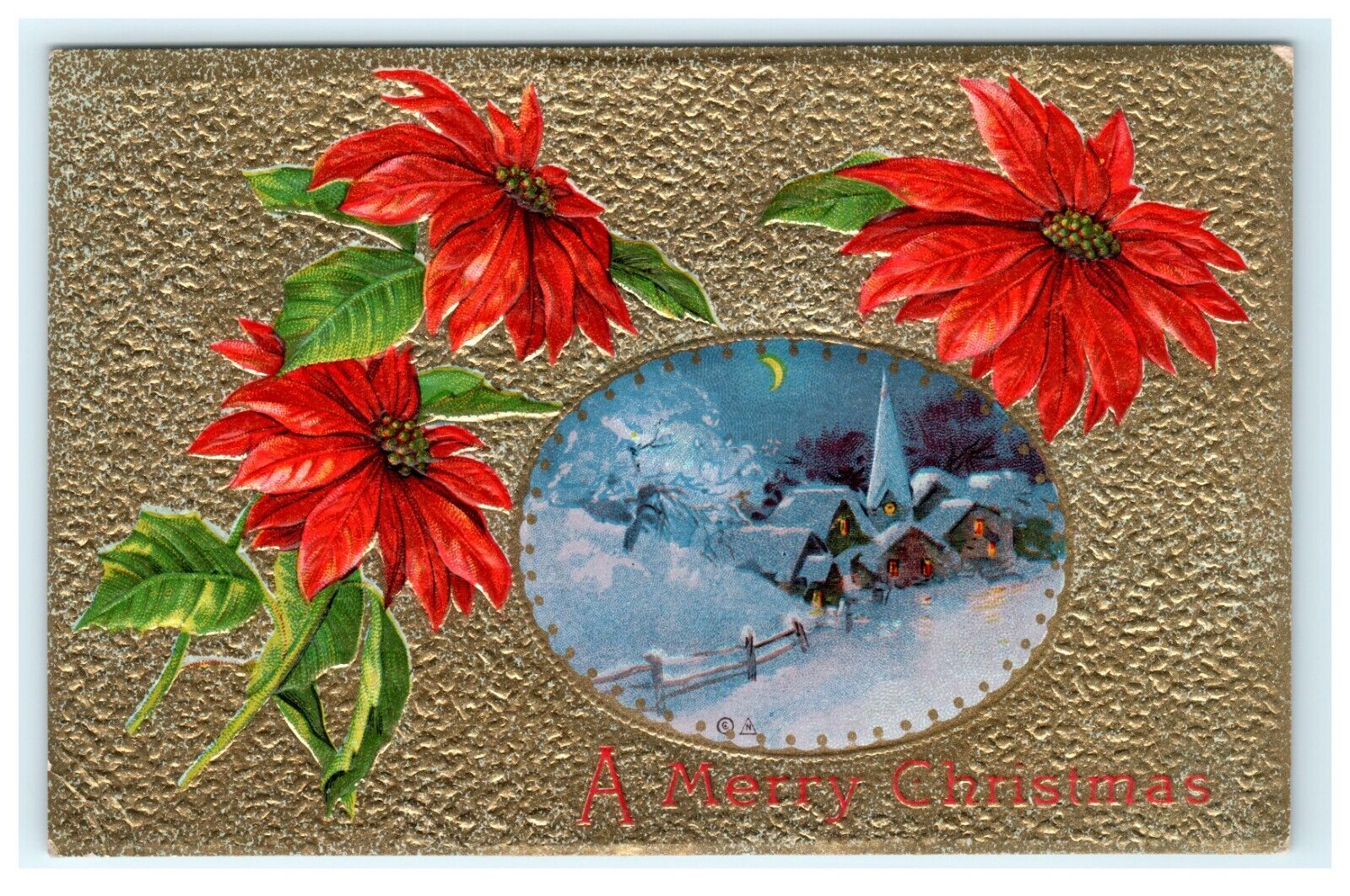 A Merry Christmas Gold Tone Winter Domestic Home Postcard