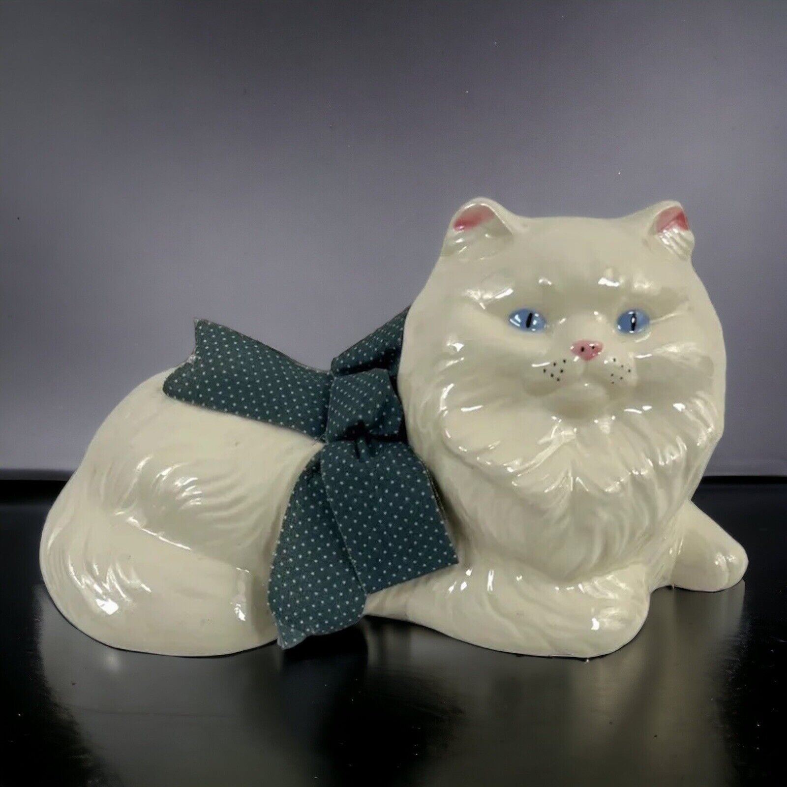 1970’s Large Ceramic Persian Cat statue Figurine White With Blue Bow 10 in