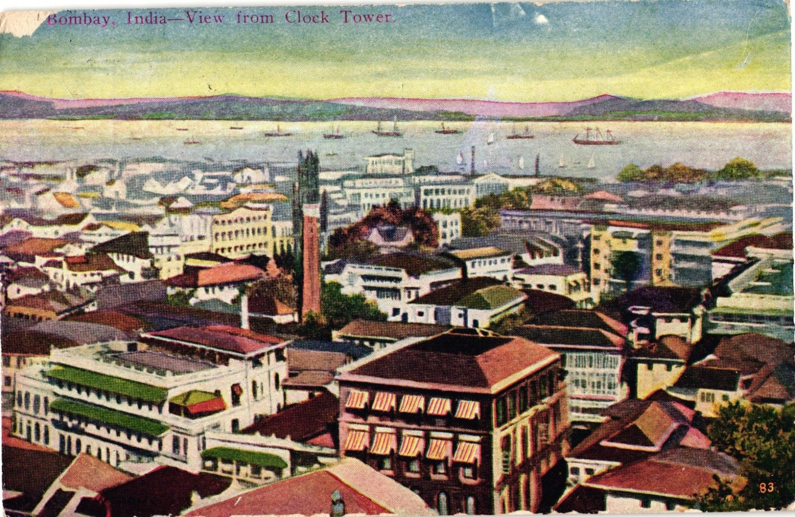 1910 Aerial View from Clock Tower Mumbai Bombay India Harbor Boats Postcard