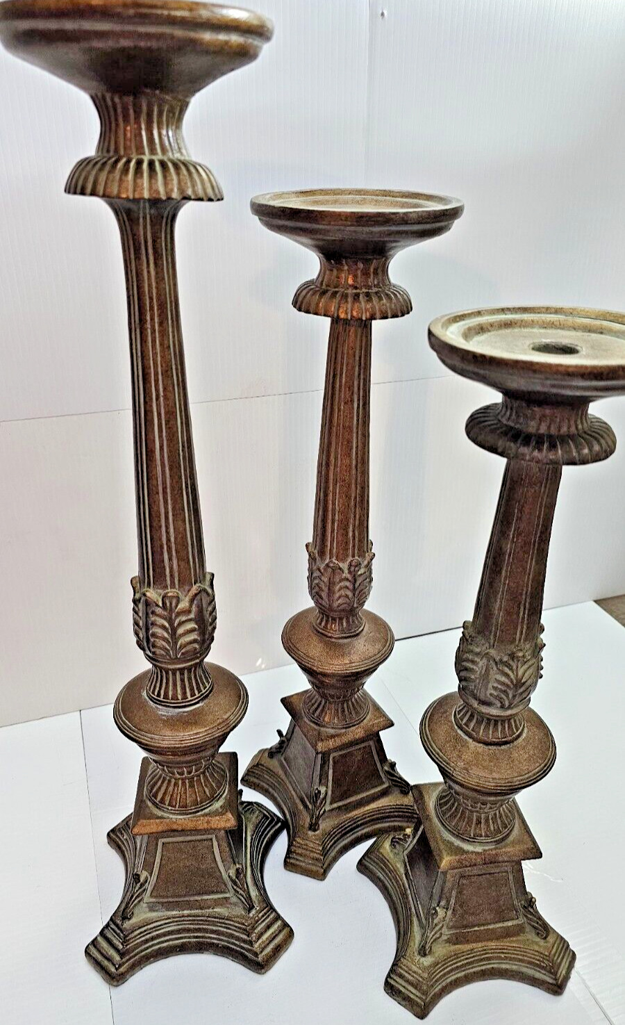 Antiqued Pilar Holders Set Of Three (3) 17, 19, 22 inches