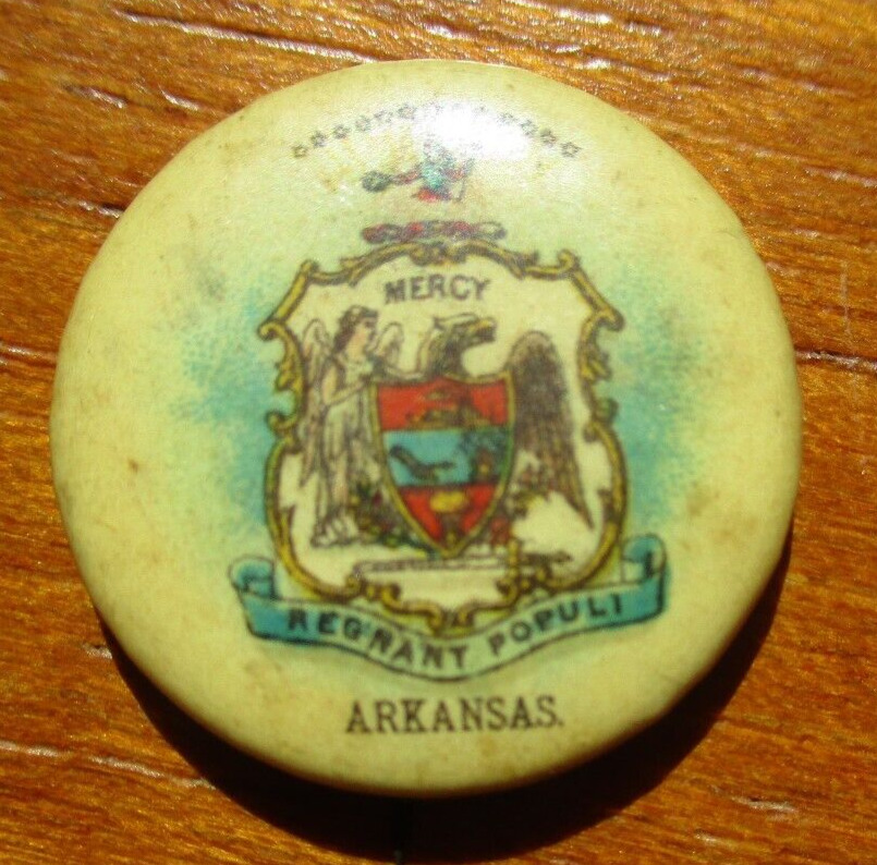 Vintage State Seal of Arkansas Pinback Whitehead + Hoag 1894-1896. Vintage