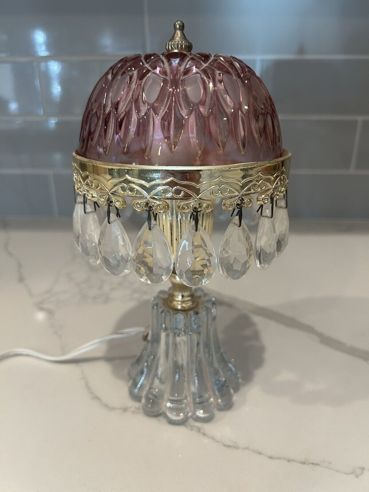 Vintage Single Tier Michelotti Boudoir Lamp Pink Crystal Glass, Holland, 10”H