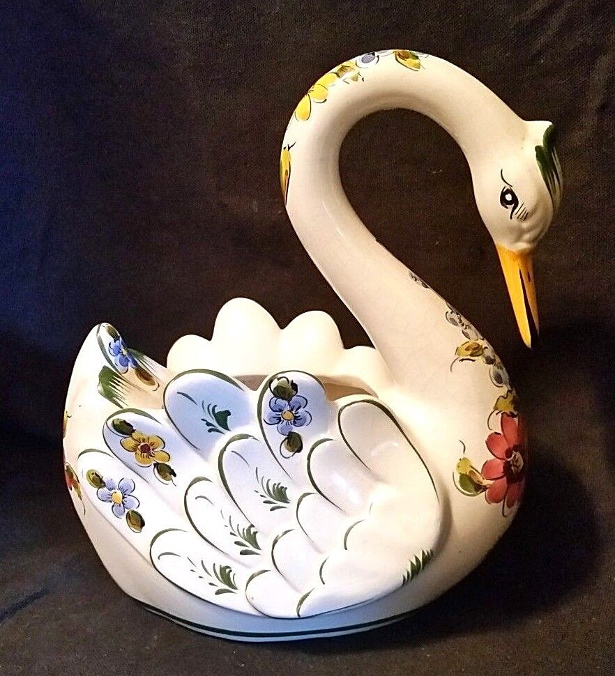 Swan Vase Pereiras Portugal Planter Vintage #1562 Floral Waterfowl Painted Art 
