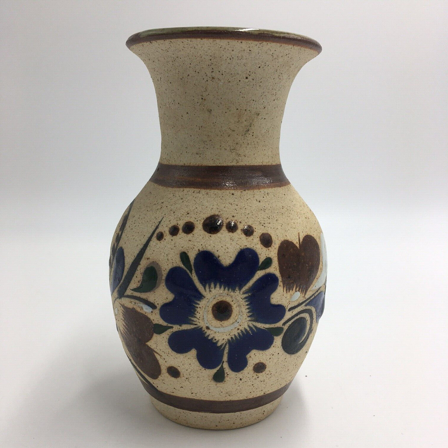 Vintage Tonala Vase Hand Paint Folk Art Pottery Sandstone Floral Signed F Mex 6\