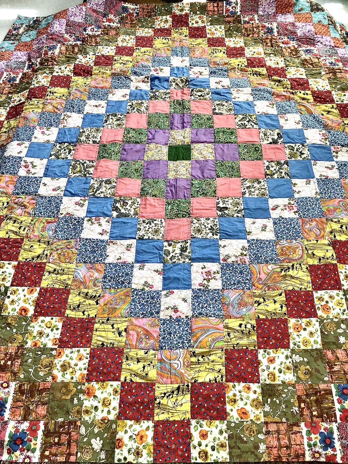 A Vintage Patchwork Quilt Amazing Color Handcrafted 78”x89”