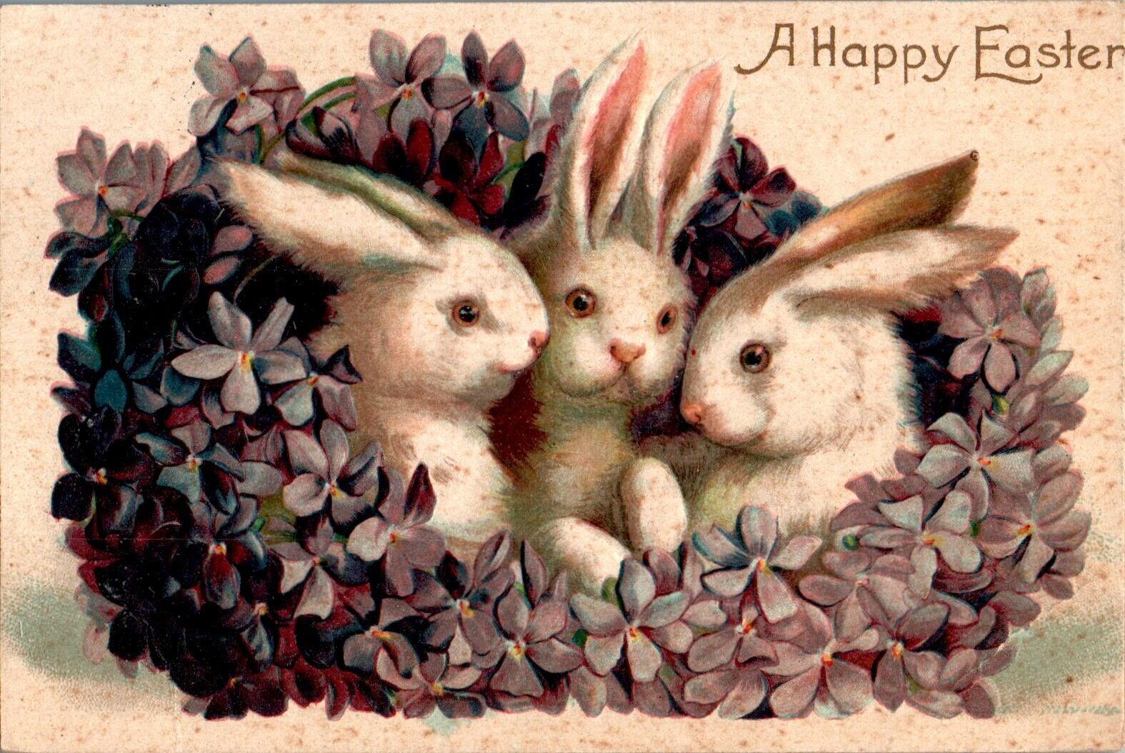 Happy Easter, Rabbits, Purple Flowers, Embossed Postcard