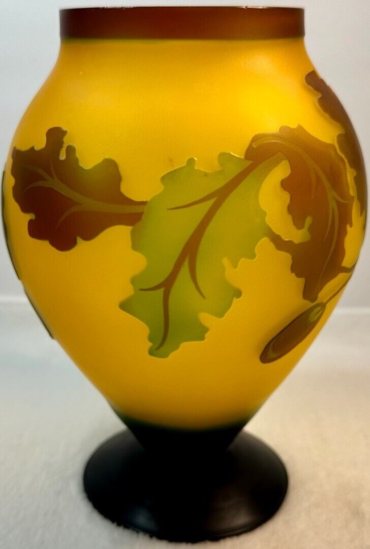 Vintage Cameo Emile Galle Style Art Glass Vase Orange with Oak Leaves Acorns