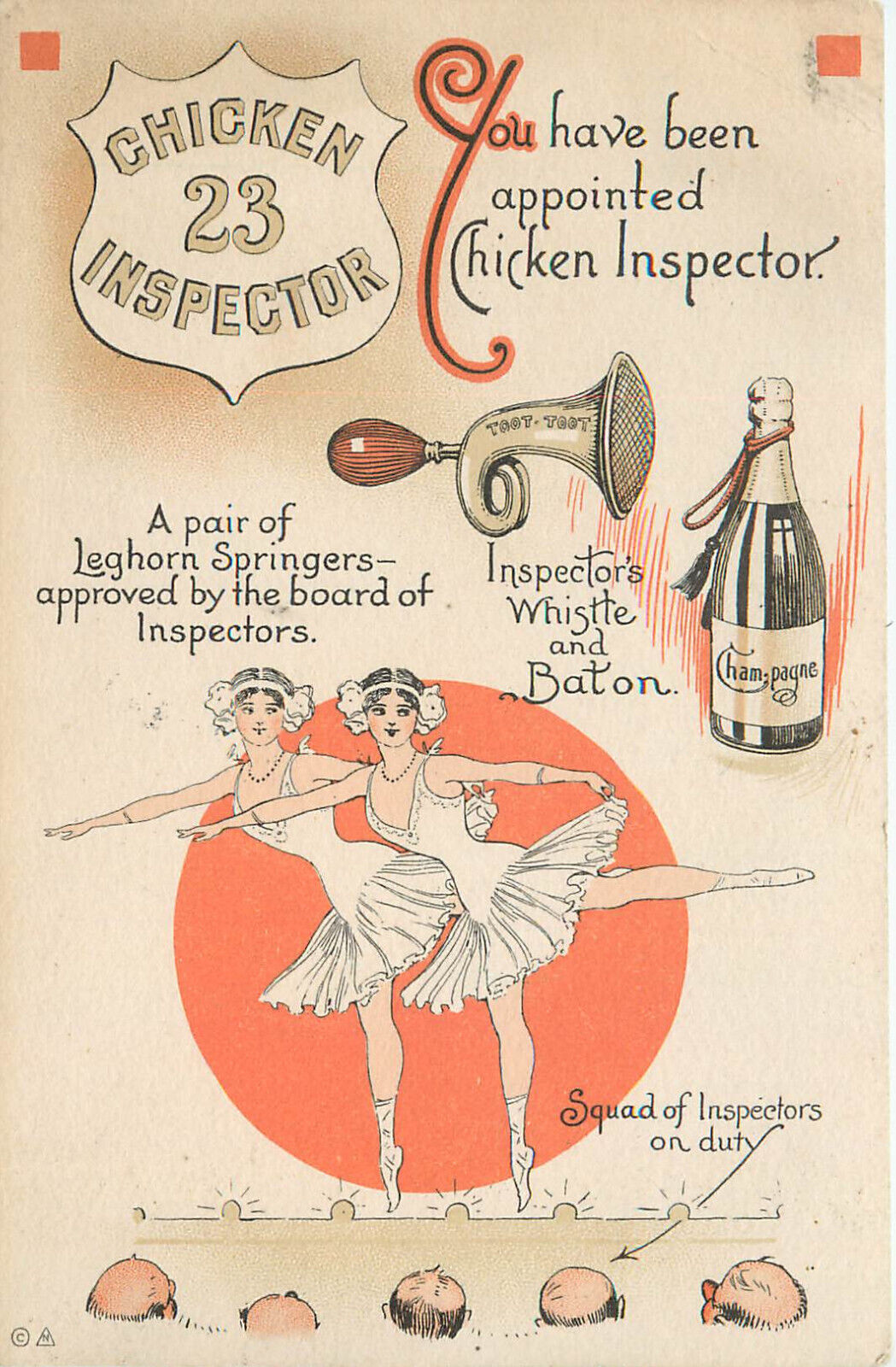 Chicken Inspector Postcard 23 Skidoo Humor Men Leer at Dancers Legs 107