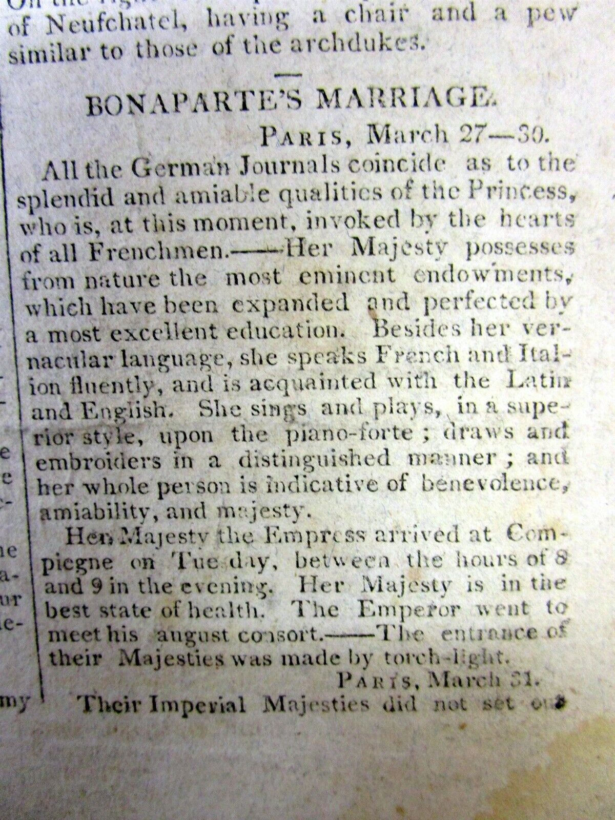 1810 newspaper with the MARRIAGE of NAPOLEON BONAPARTE  to MARIE LOUISE