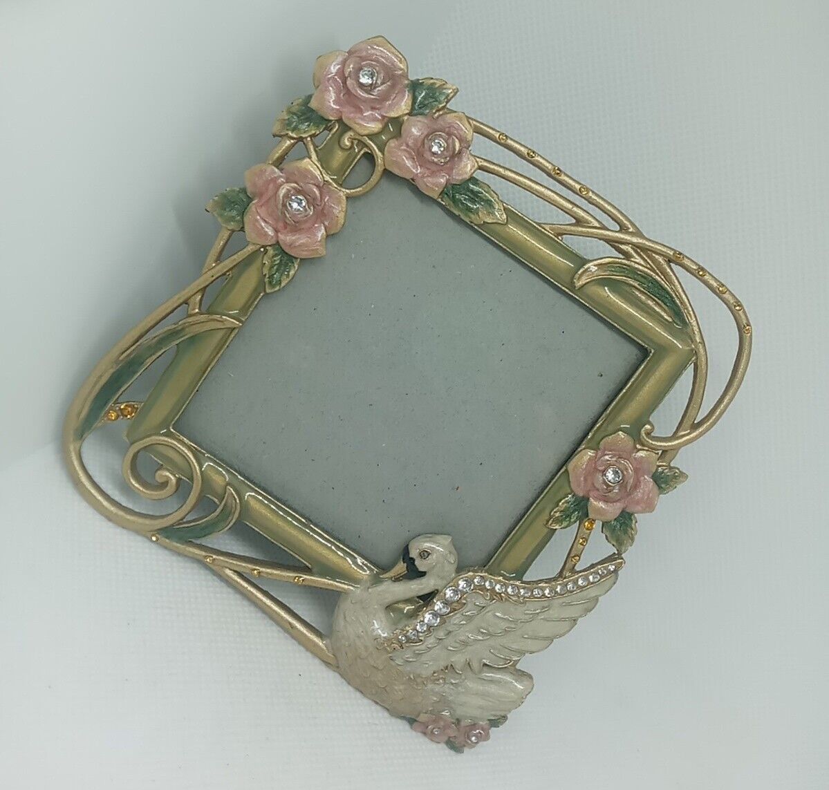 Uniq Vtg. Gold Tone Metal Bejeweled Enamel Swan,Floral Photo Frame W Green Leave