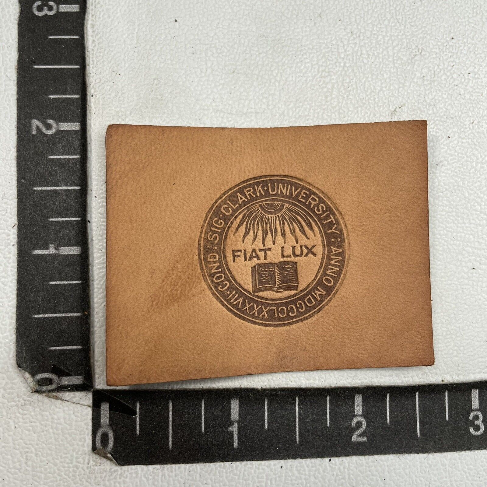 Vtg c 1910s CLARK UNIVERSITY Cigarette Tobacco Premium Leather Patch 12WX