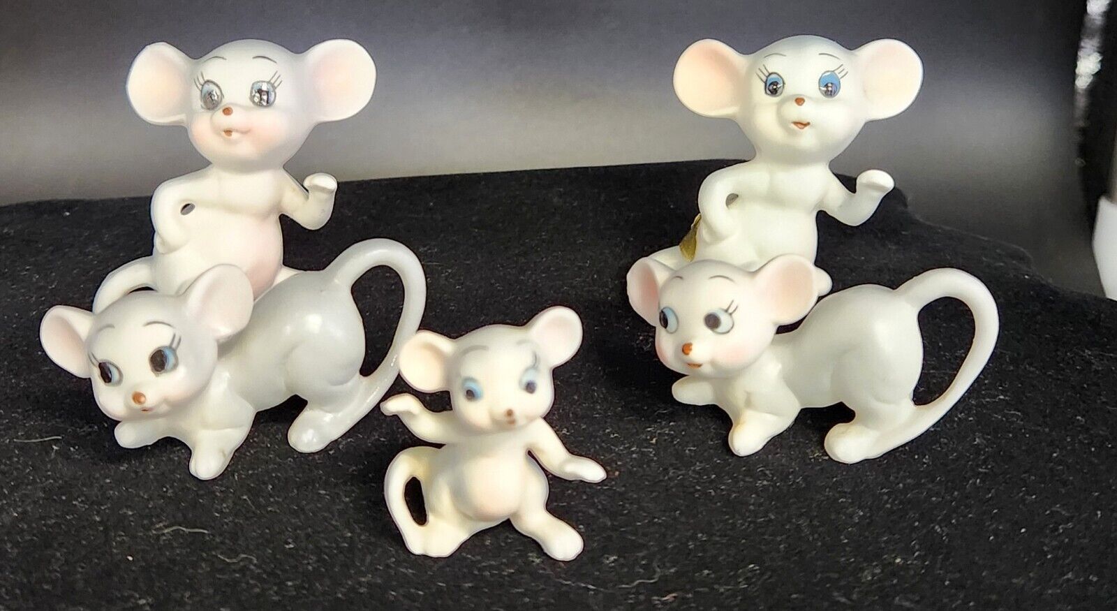 5 Vintage Hand Painted Bone China Mice Mouse Figurines Japan Minature Kitsch