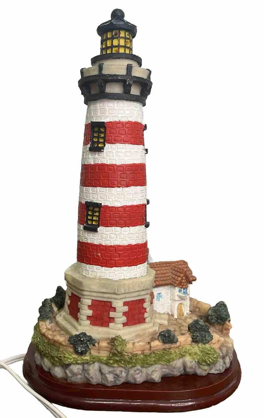 Vintage Collectible 1990s Resin Lighthouse With Light & Wooden Base 11”